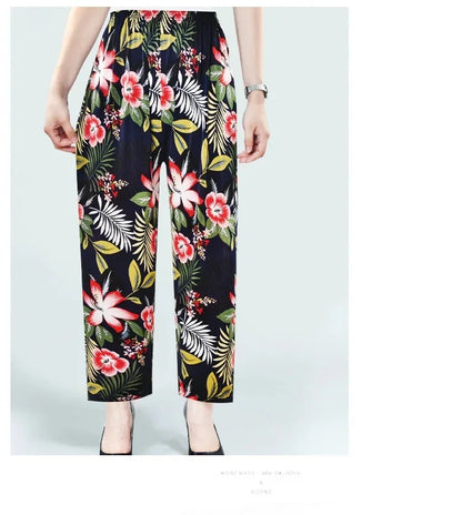Summer Loose Ice Silk Women's Pants Elastic Waist Casual Bottoming Trousers Large Size Floral Print Comfortable Mom Pants