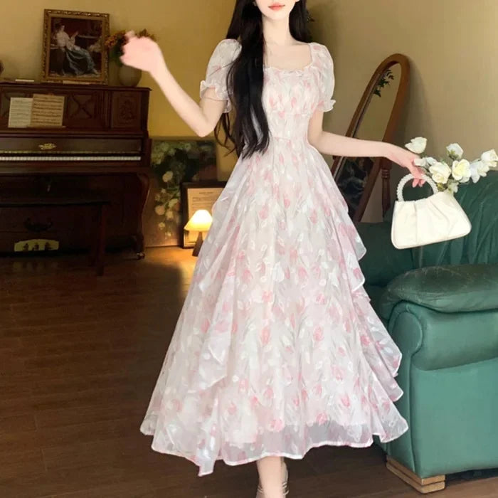 Romantic Floral Chiffon Dress Women's Summer Large Size Waist-Cinching Slimming Fairy Long Dress French Style Square Collar