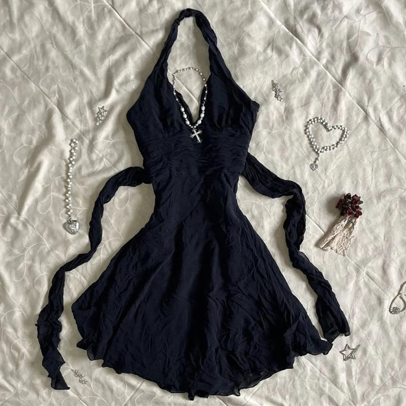 Harajuku Retro Y2K E-Girl Casual Dress Sexy Slim Chic Graphic Print Lace-Up Halter Neck Dresses Goth Grunge Fairycore Streetwear
