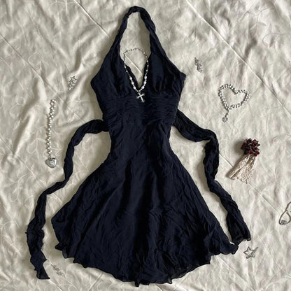 Harajuku Retro Y2K E-Girl Casual Dress Sexy Slim Chic Graphic Print Lace-Up Halter Neck Dresses Goth Grunge Fairycore Streetwear