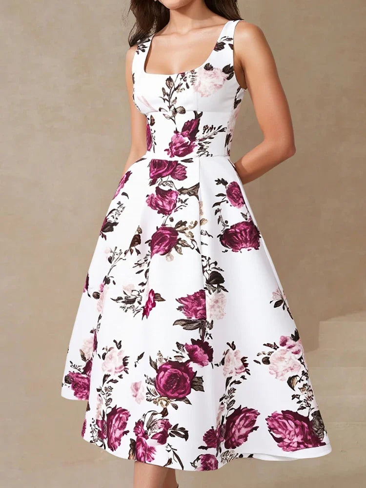Rafiah Boutique Women's Summer Long Dresses Decent Fashion Floral A-Line Sleeveless Square Neck Shift Dresses
