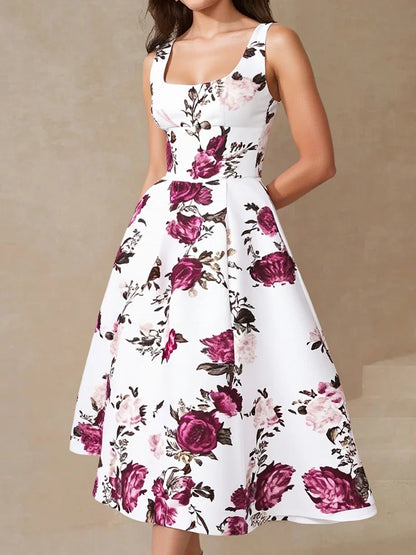 Rafiah Boutique Women's Summer Long Dresses Decent Fashion Floral A-Line Sleeveless Square Neck Shift Dresses