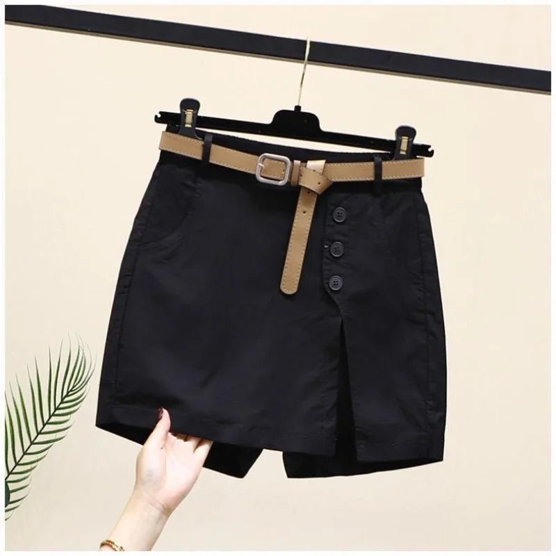 Shorts Women 2025 New belt cotton summer solid color button high-waisted double-deck Women's Shorts clothing