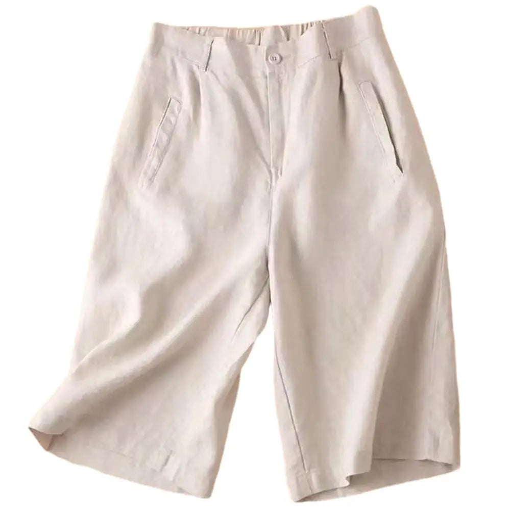 Cotton Linen Women Suit Shorts Elastic Waistband Women Shorts High Waist Straight Wide Leg A Line Work Shorts Casual Short Pants