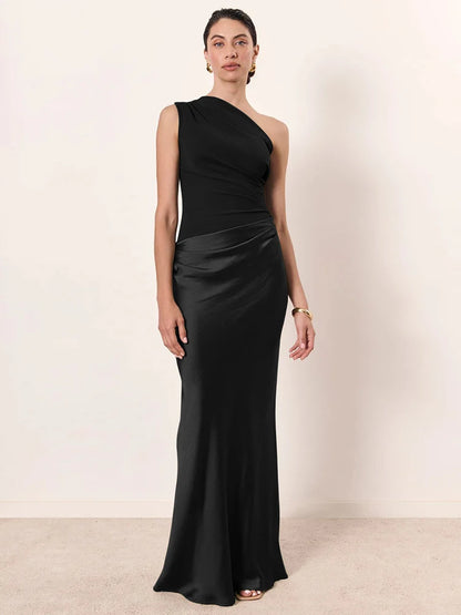 Mozision Satin Inclined Shoulder Sexy Maxi Dress Women Fashion Patchwork Sleeveless Backless Bodycon Evening Club Party Dress