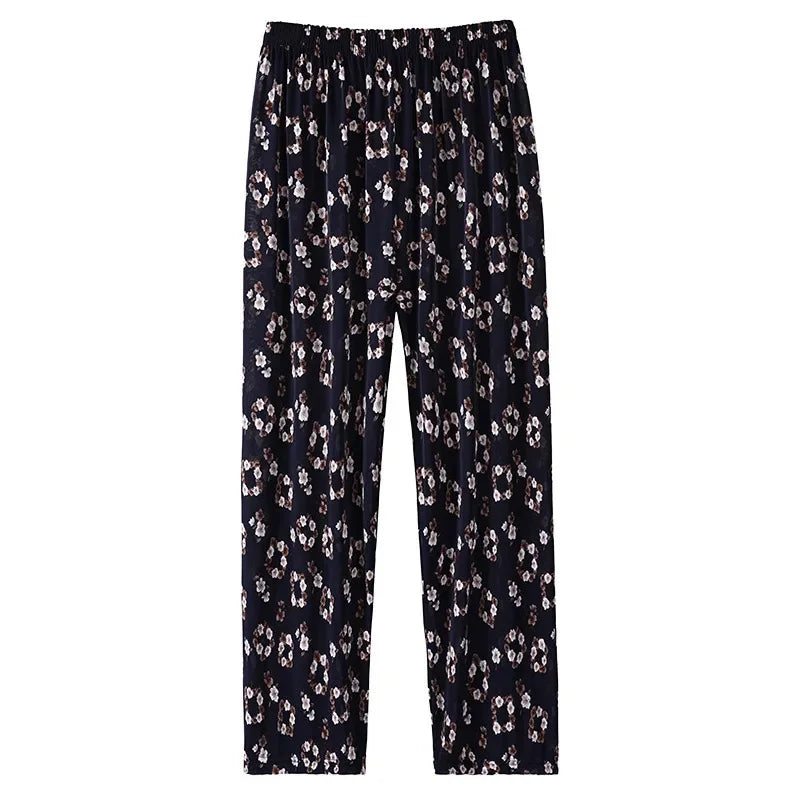 Summer Loose Ice Silk Women's Pants Elastic Waist Casual Bottoming Trousers Large Size Floral Print Comfortable Mom Pants