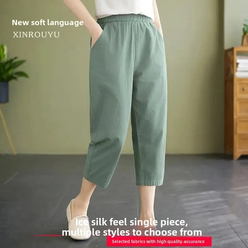 High Waist Ice Silk Sports Seven-Five Pants Casual Wide Leg Women's plus Size Loose Fit Summer Trousers Korean Style
