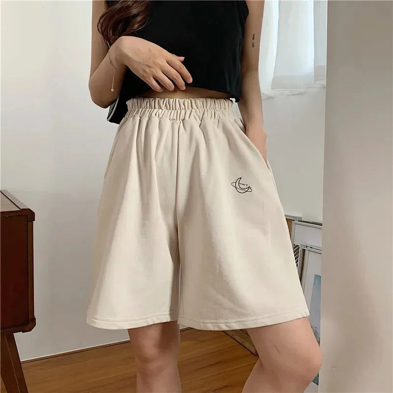 Women's Loose Waist Embroidered Shorts Summer High Waist Wide Leg Casual Five-Quarter Pants Fashionable Korean Style