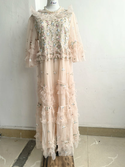 Runway Luxury Long Dresses Women 2025 Summer Holiday Embroidery Flower Ruffles Midi Party Evening Dress Lady Prom Vestidos