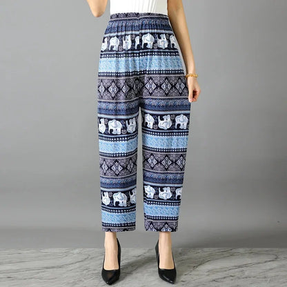 Summer Loose Ice Silk Women's Pants Elastic Waist Casual Bottoming Trousers Large Size Floral Print Comfortable Mom Pants